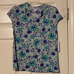 Liz Claiborne Blue and Green Floral Short Sleeve Top